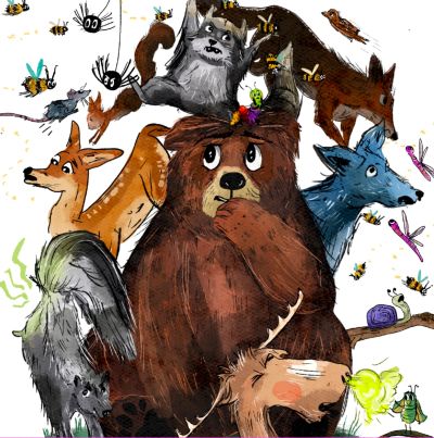 Cartoon forest animals and insects grouped together.