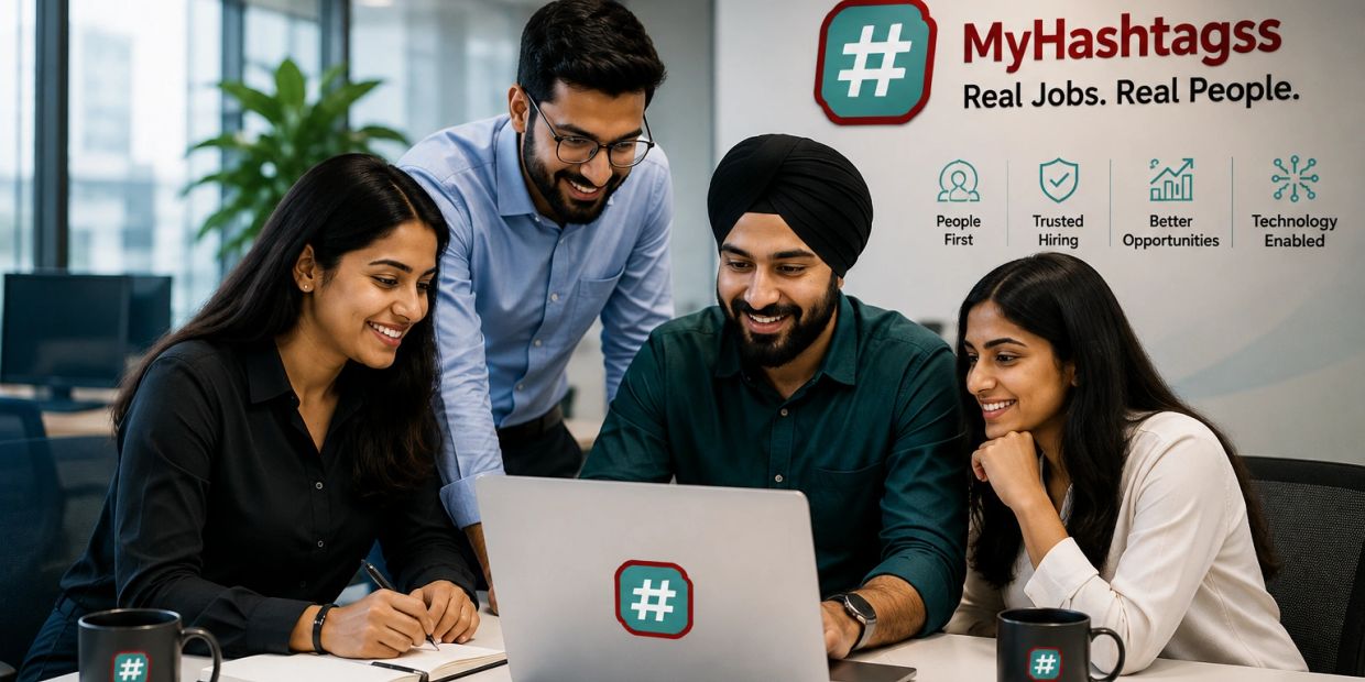 Team collaborating happily over a laptop at MyHashtagss office.