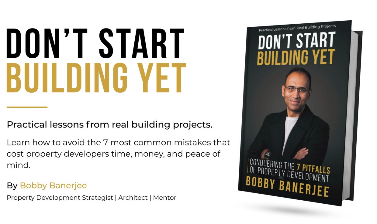 Book cover and promotion for "Don't Start Building Yet" by Bobby Banerjee.