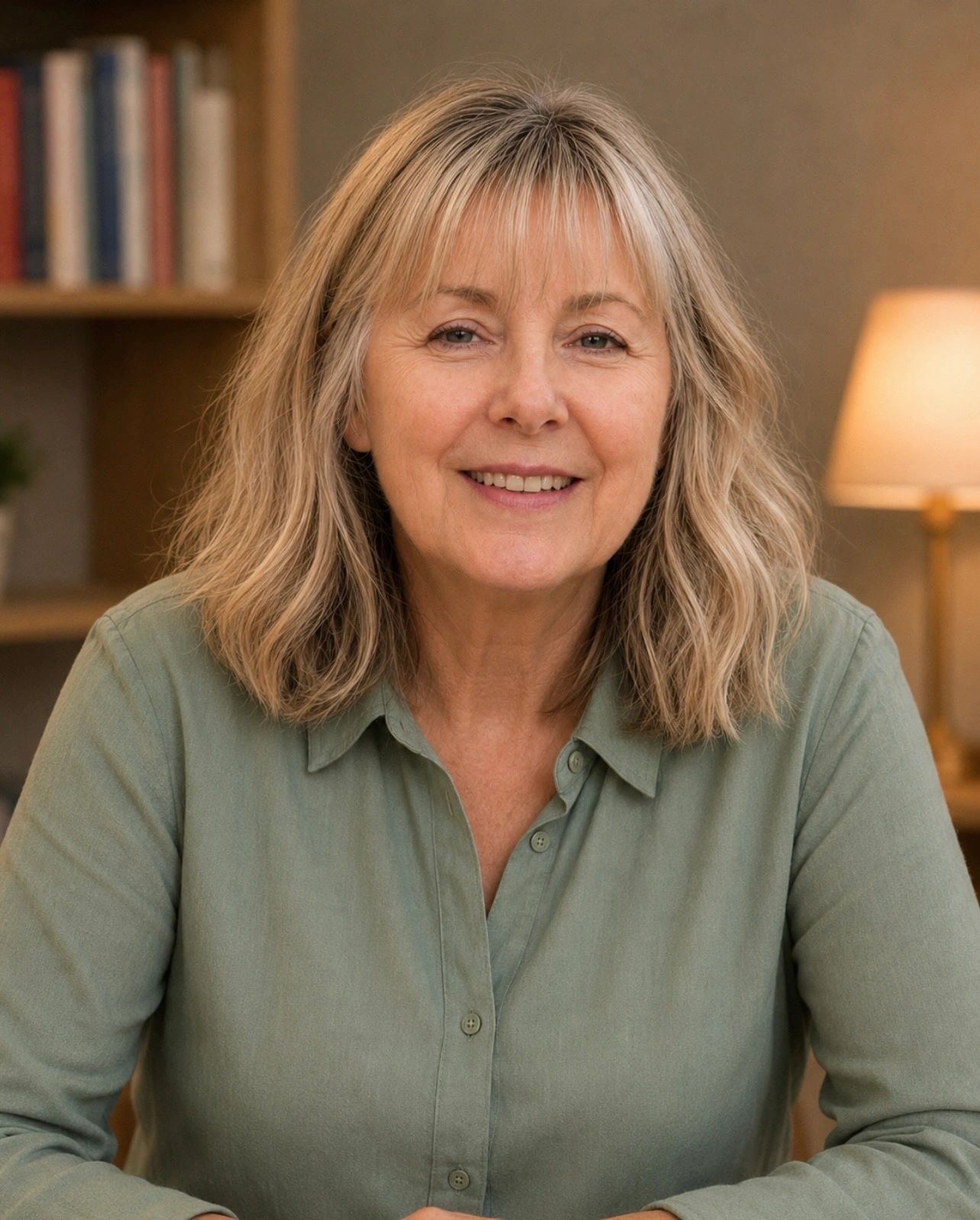 Smiling middle-aged woman in a green shirt.