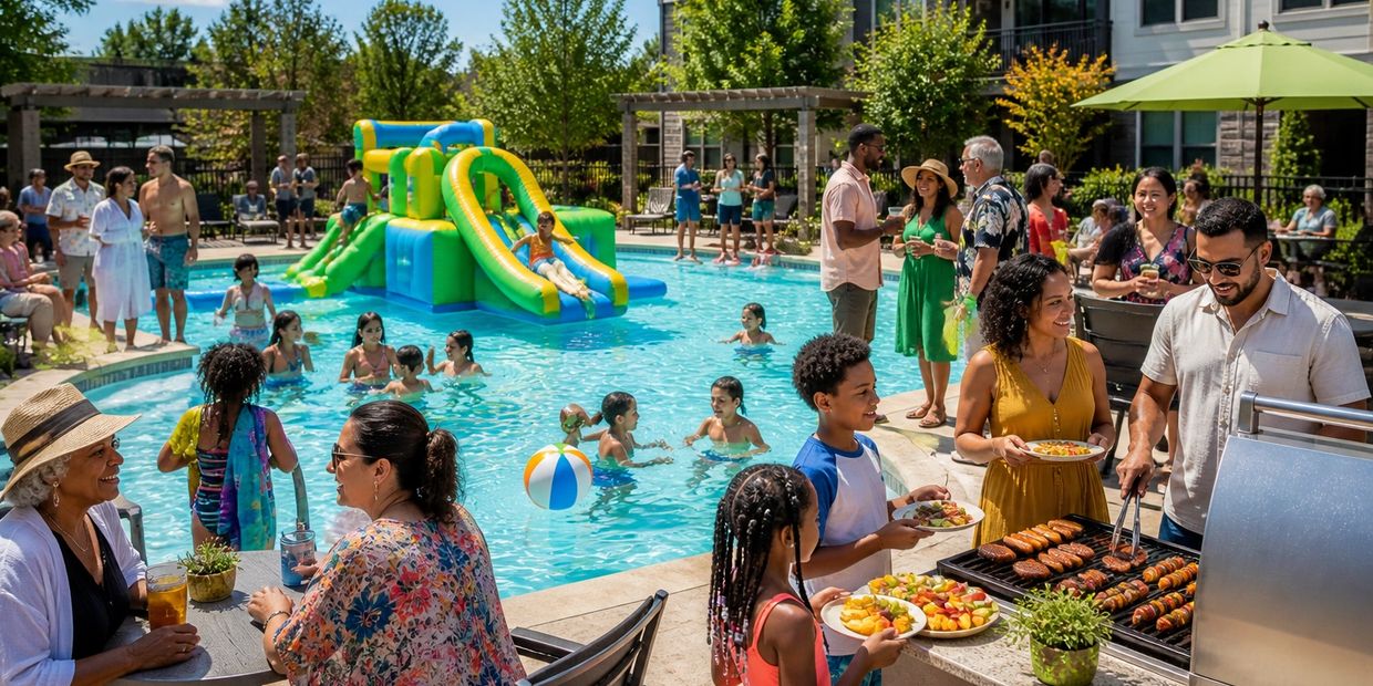 People enjoying a sunny pool party with grilling, swimming, and socializing.