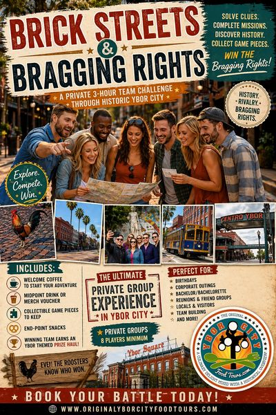A group enjoys a private 3-hour team challenge exploring historic Ybor City.