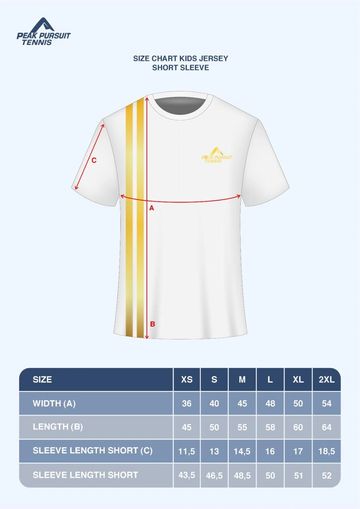 Kids tennis jersey size chart with measurements for width, length, and sleeve length.