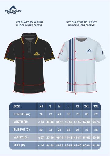Size chart for unisex tennis polo and jersey shirts.