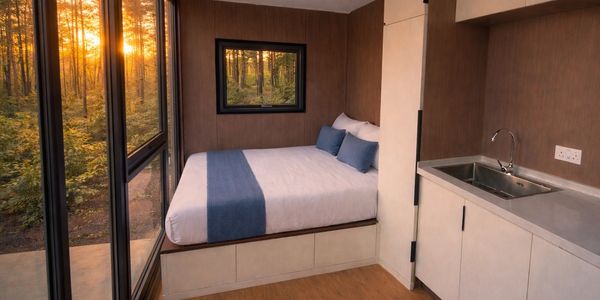 Cozy modern bedroom with large windows overlooking a forest at sunset.