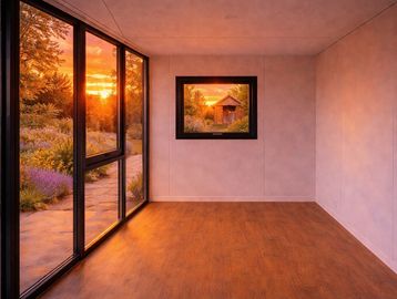 Sunset-lit empty room with large glass windows and a framed painting.