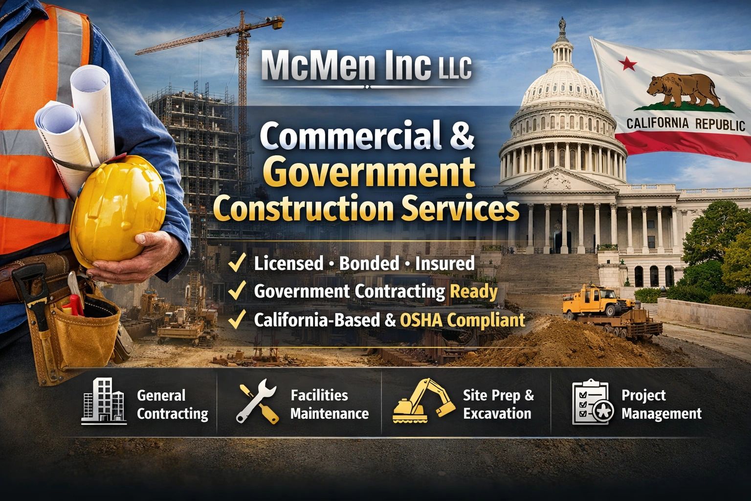 Construction worker and government building promoting McMen Inc LLC's commercial and government construction services.