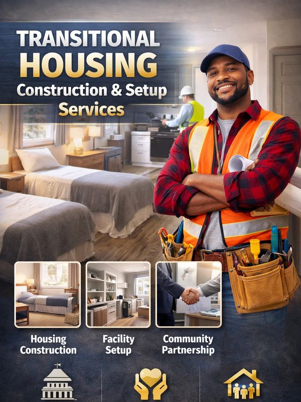 Smiling construction worker promoting transitional housing construction and setup services.