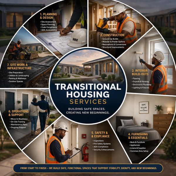 Infographic outlining the seven key services for transitional housing development.