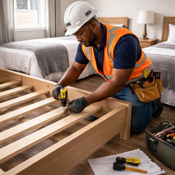 Construction worker assembling a wooden bed frame indoors.