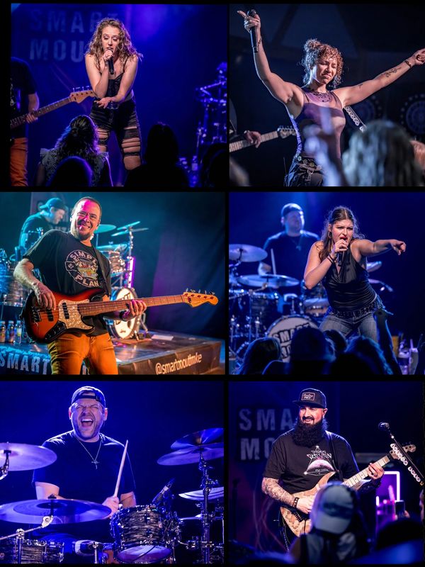 Collage of vibrant live band performances with energetic singers and musicians.