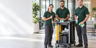 AI illustration of a cleaning team in a commercial workplace.