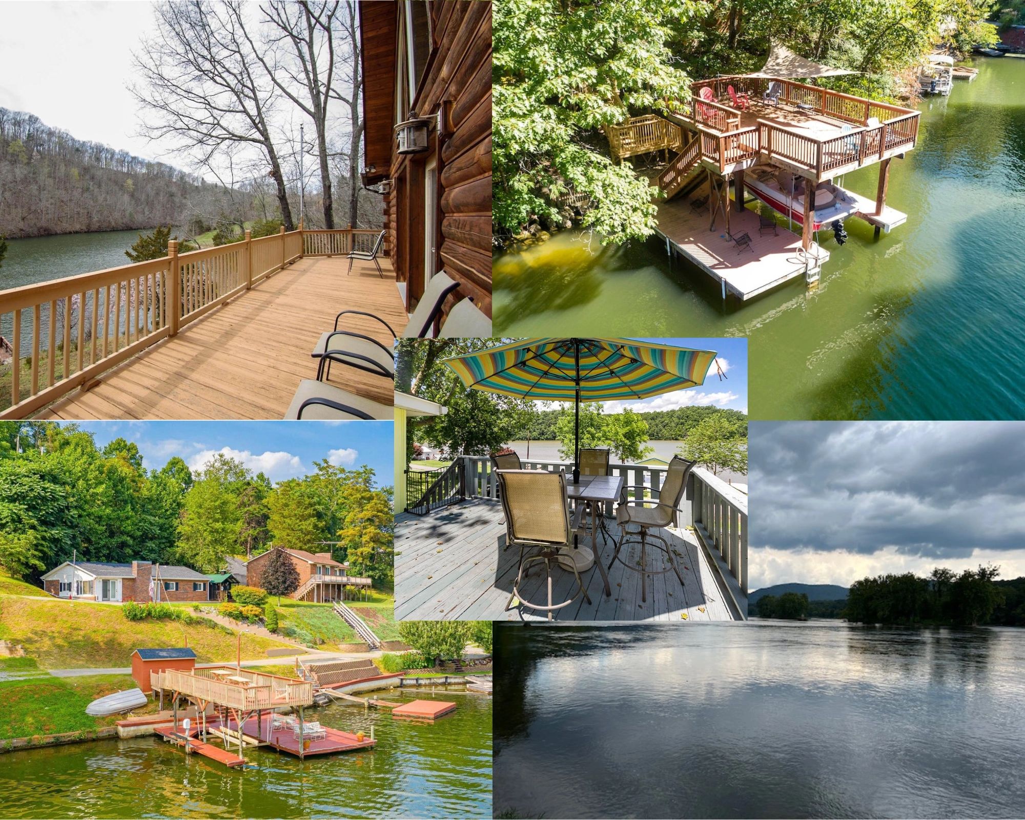 Collage of lakeside homes and docks with natural surroundings