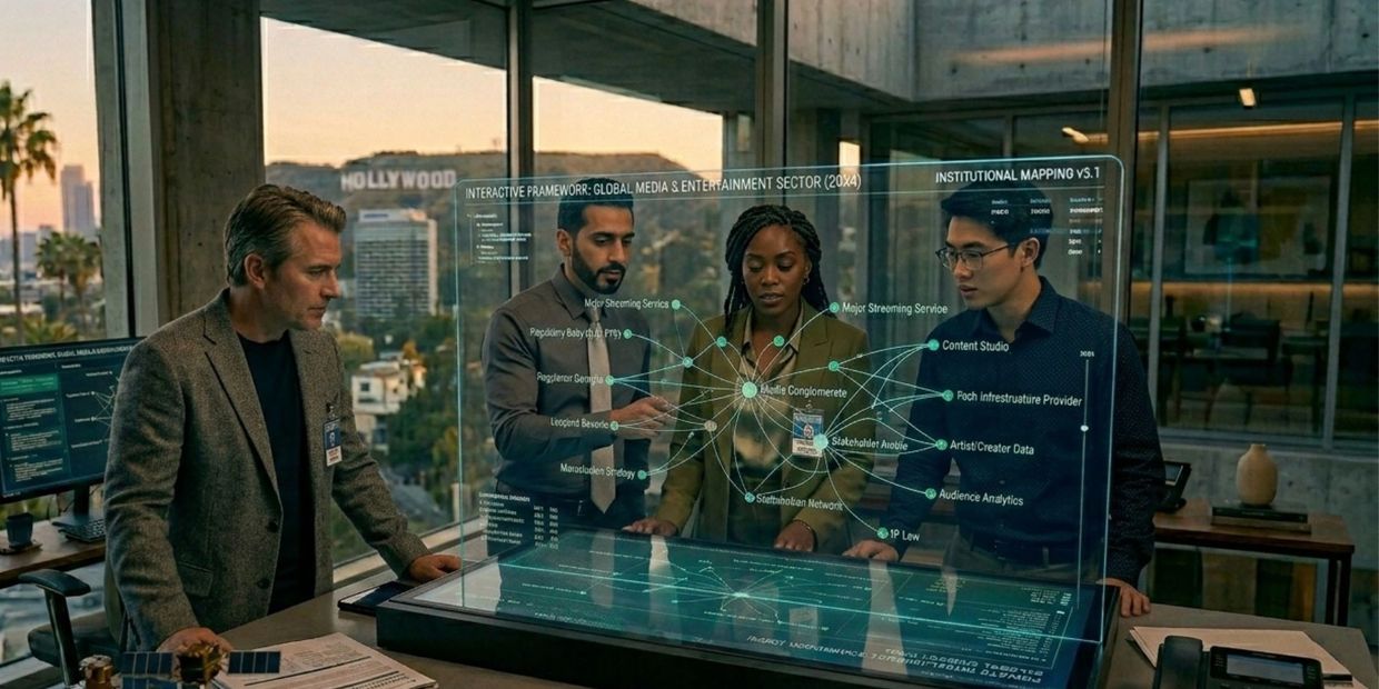 Four professionals analyze a futuristic transparent digital interface in an office with a Hollywood view.