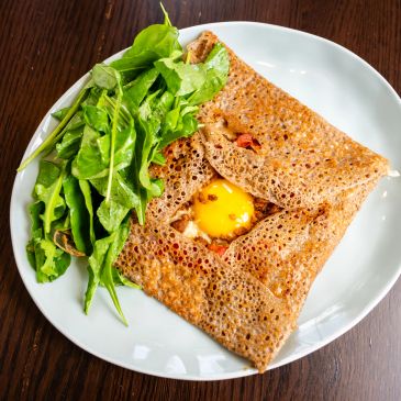 Enjoy our authentically prepared galettes, like this Basque Galette. Filled with house made Basque c