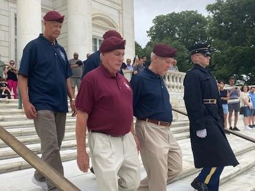 Veterans and a soldier descending marble steps.