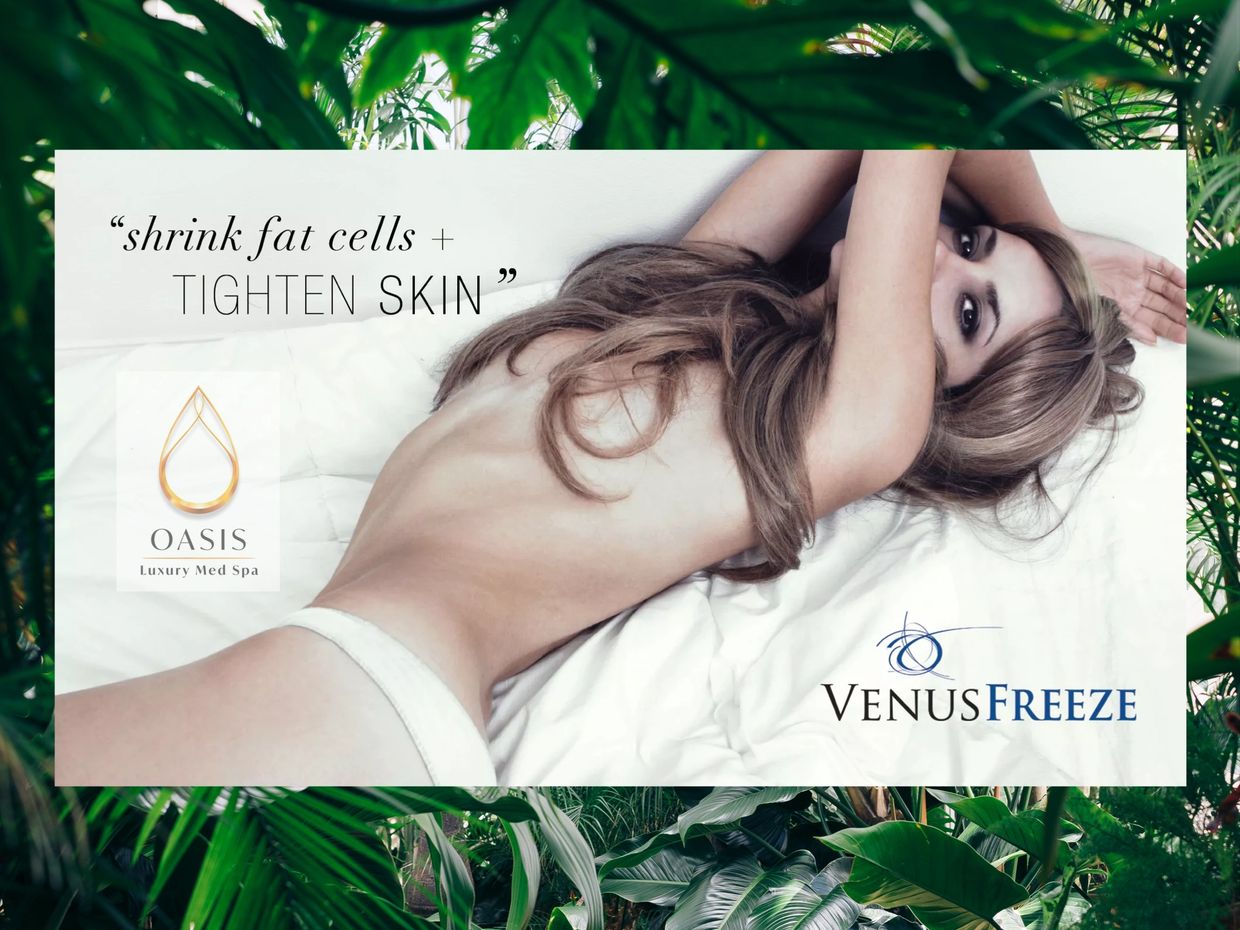 Woman lying down promoting Venus Freeze treatment to shrink fat cells and tighten skin.