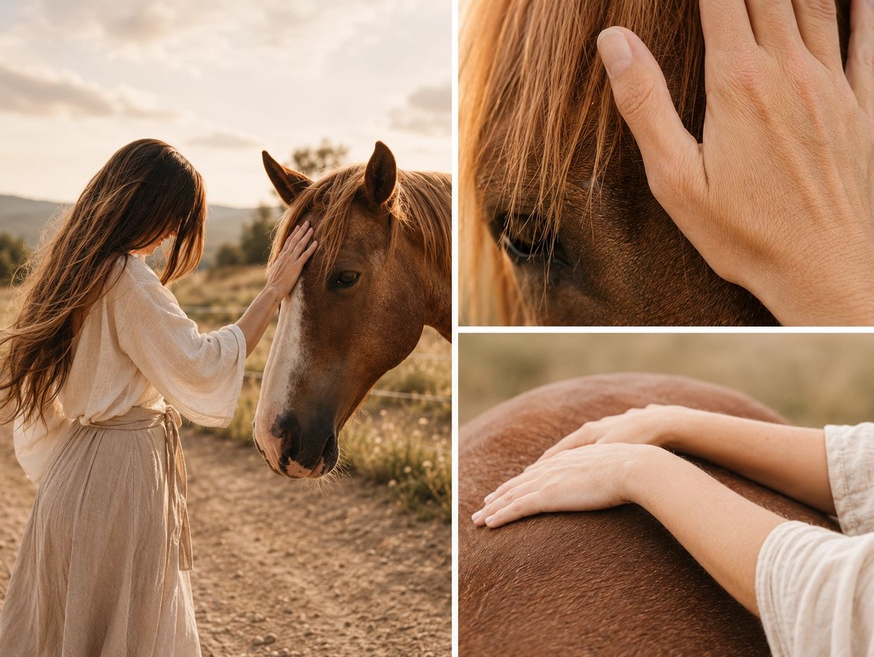 Woman gently touching a horse in a warm, rustic outdoor setting.