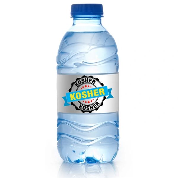 A plastic water bottle labeled with a blue and black kosher certification sticker.