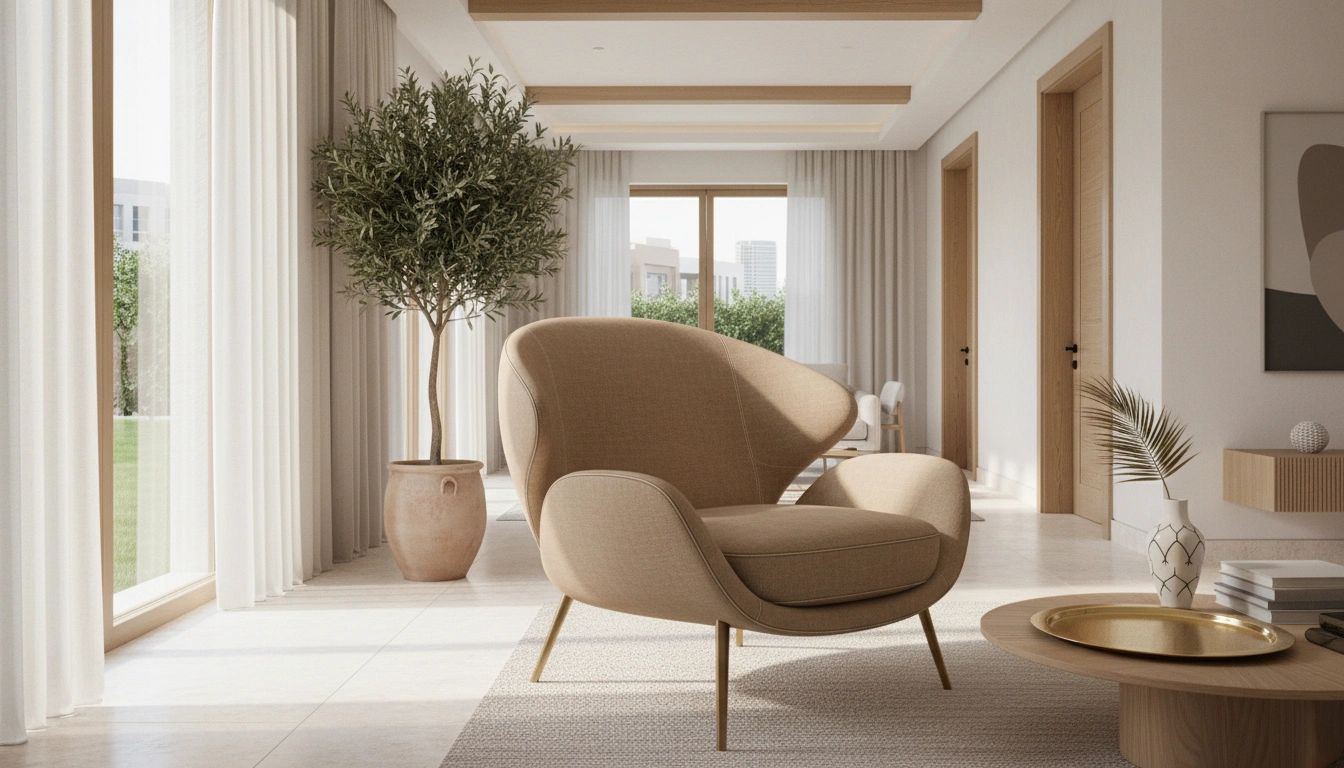 Modern beige armchair in a bright living room.