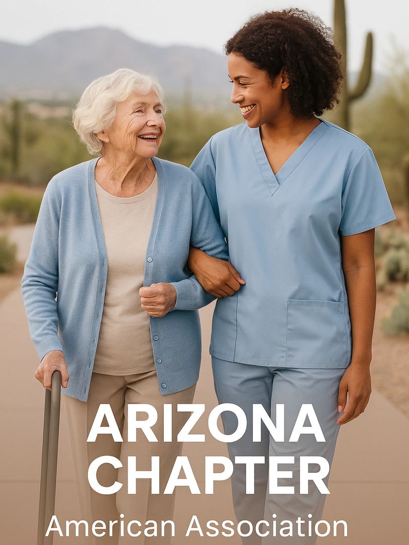 Caregiver walking with elderly woman in Arizona desert landscape.