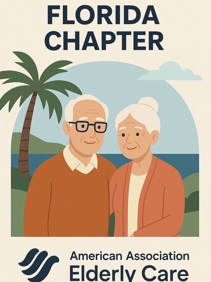 Illustration of elderly couple with Florida Chapter Elderly Care text.