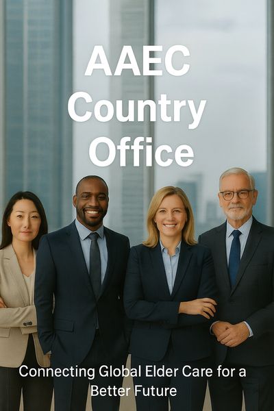 Diverse professionals standing confidently in business attire under AAEC Country Office text.