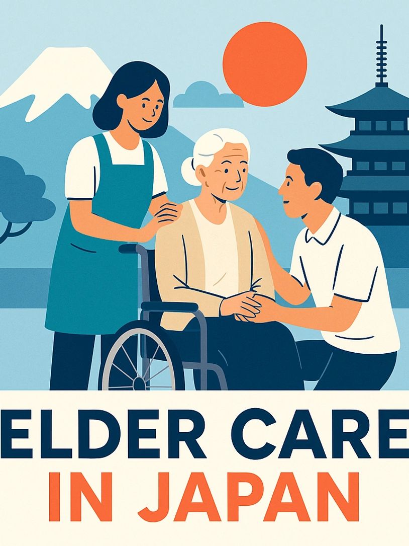 Illustration of elder care in Japan with family and caregiver support.