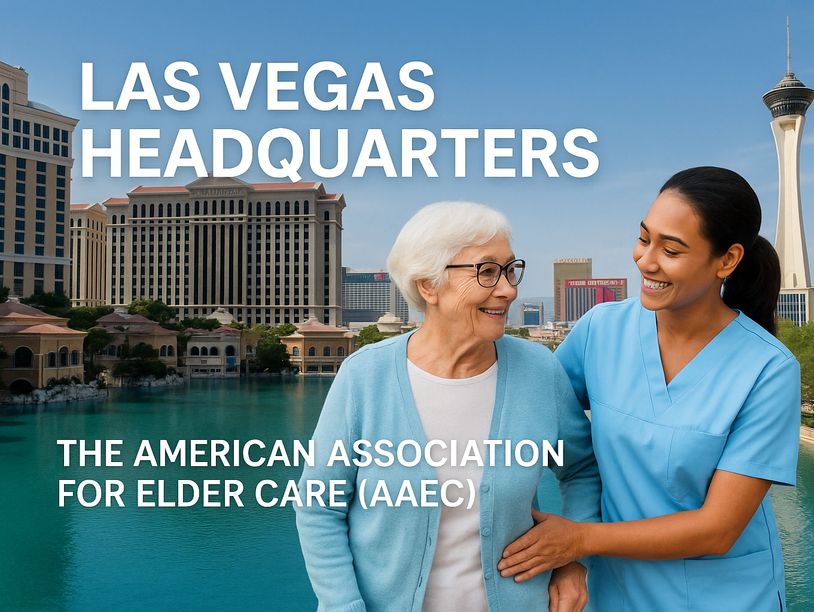 Elderly woman and caregiver smiling with Las Vegas skyline background.