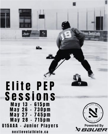 Hockey player practicing on ice with Elite PEP Sessions schedule details.