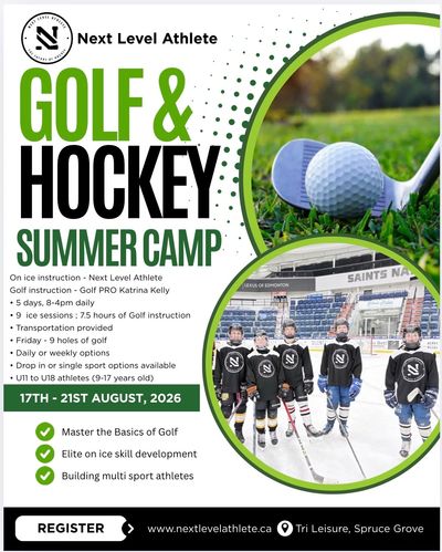 Advertisement for Next Level Athlete Golf &amp; Hockey Summer Camp in August 2026.