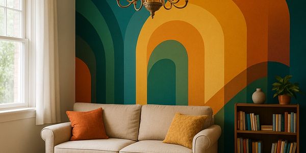 Cozy living room with a beige sofa and colorful retro rainbow wall art.
