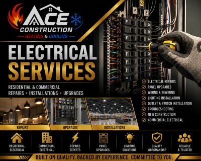 Advertisement for Ace Construction's electrical services including repairs, upgrades, and installations.