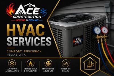 Promotion for Ace Construction's HVAC services with repair, installation, and maintenance.