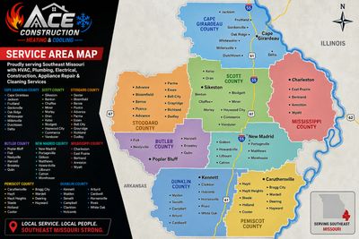 Service area map for Ace Construction in Southeast Missouri, detailing counties and cities served.