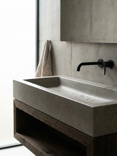 Minimalist concrete sink with matte black faucet and wooden base.