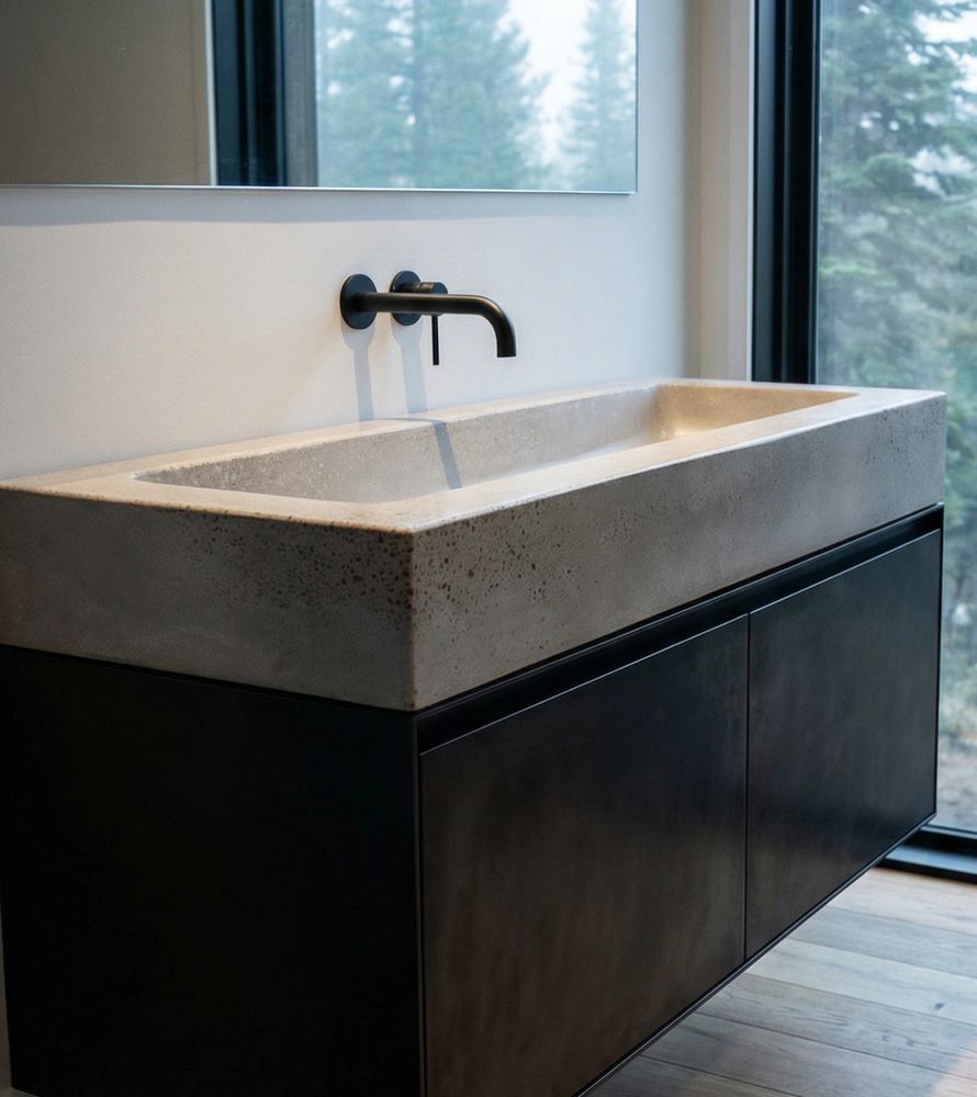 Modern concrete sink with matte black faucet and cabinet.
