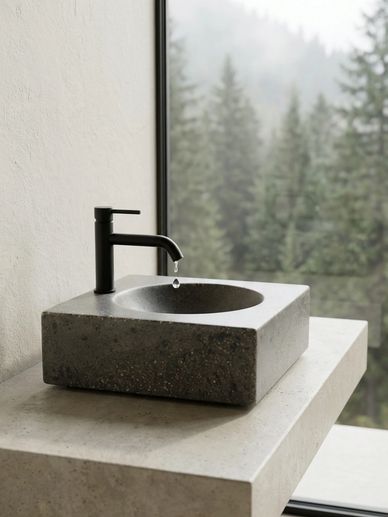 Modern stone sink with black faucet and forest view.