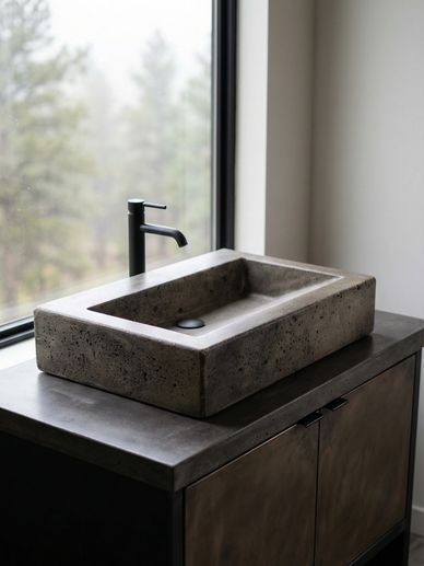 Modern concrete sink with black faucet on dark cabinet by window.