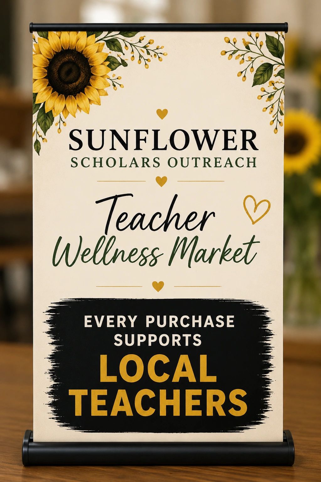 Sign promoting the Sunflower Scholars Outreach Teacher Wellness Market supporting local teachers.