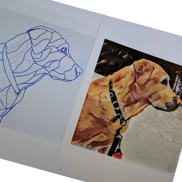 Side-by-side images of a dog: one an outline sketch, the other a detailed colored painting.