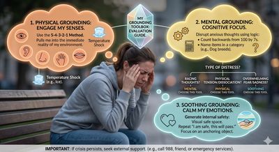 Infographic illustrating grounding techniques to manage distress and emotions.