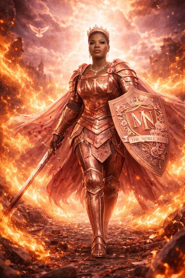 A regal warrior queen in bronze armor with a flaming sword and shield, standing amidst fire and light.