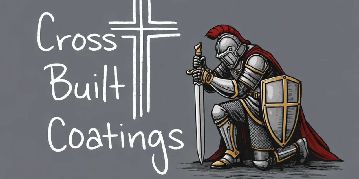 Kneeling knight with sword and shield beside the text 'Cross Built Coatings'.