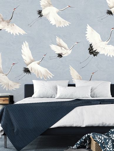 bedroom, bed, pillows, end table, throw blanket, cranes wallpaper