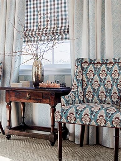 wallpaper, fabric, draperies, roman shades end table, chairs