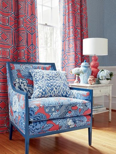 draperies, wallpaper, chairs, lamp, ginger jar, end table, throw pillows