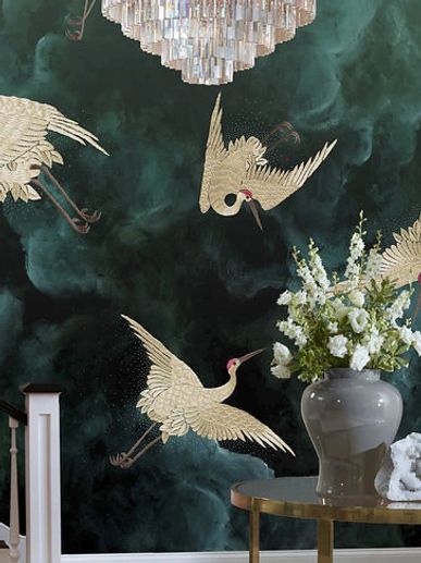 flying cranes wallpaper, end table, flowers