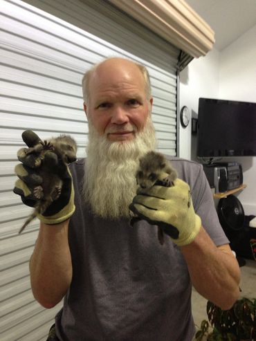 Man with a white beard wearing gloves that have animal paws attached.