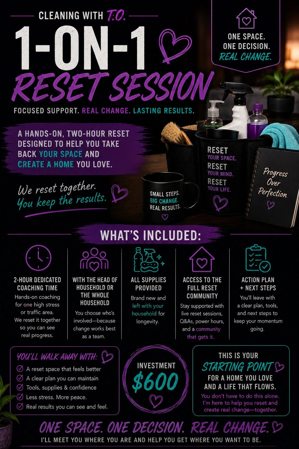1-on-1 reset session for home cleaning with focused support and real change.